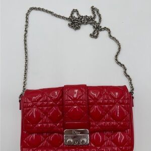 Dior Red Quilted Patent Crossbody with Silver Chain